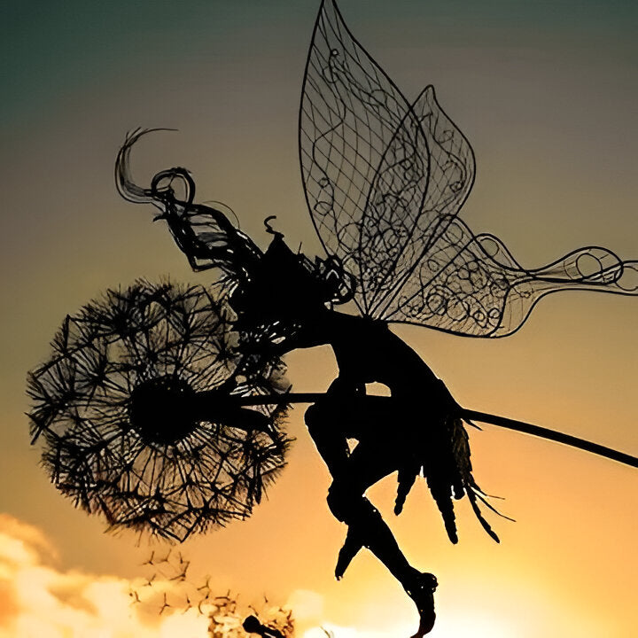 Artistic steel fairy sculpture, a whimsical laser-cut metal piece ideal for both indoor and outdoor garden art decor.