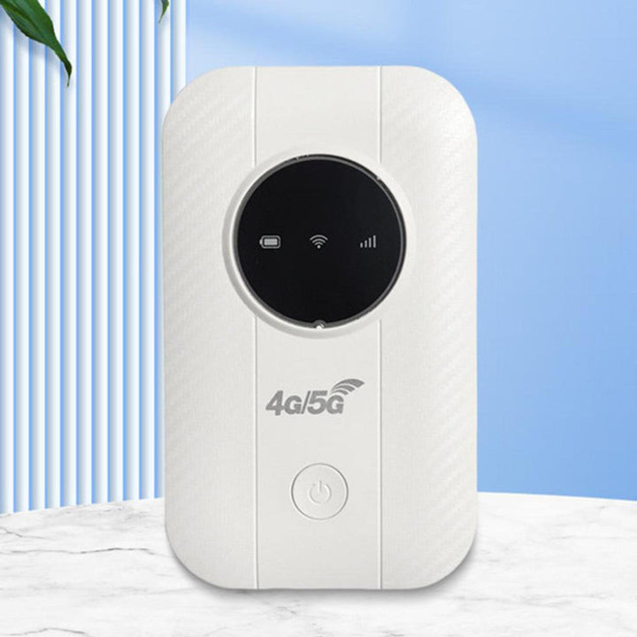 Small white portable WiFi router provides reliable wireless internet, perfect for on-the-go or travel hotspot needs.