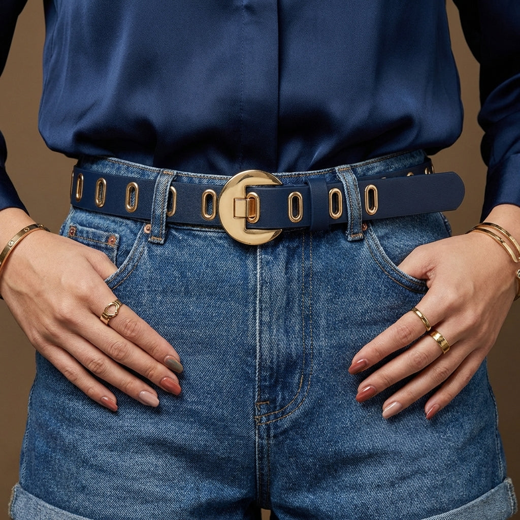 Blue casual women's belt with a unique hollow out design and decorative metal details, an essential stylish accessory.