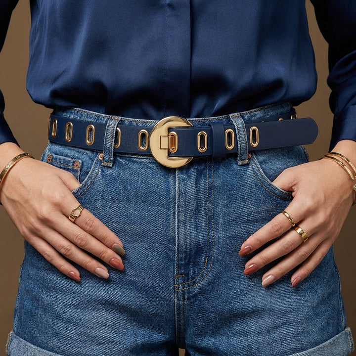 Blue casual women's belt with a unique hollow out design and decorative metal details, an essential stylish accessory.