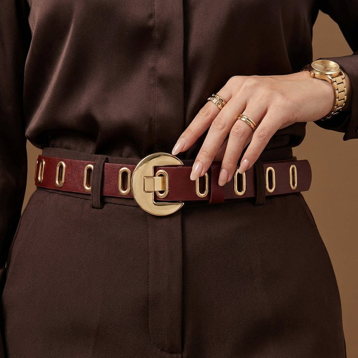 Purple women's fashion belt showcasing a trendy hollow out design and gleaming metal accents, a statement accessory.