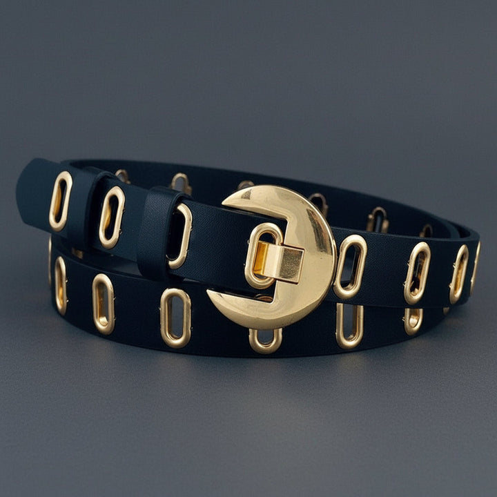 Fashionable blue women's belt, ideal for adding a modern touch with its hollow out design and metal details.