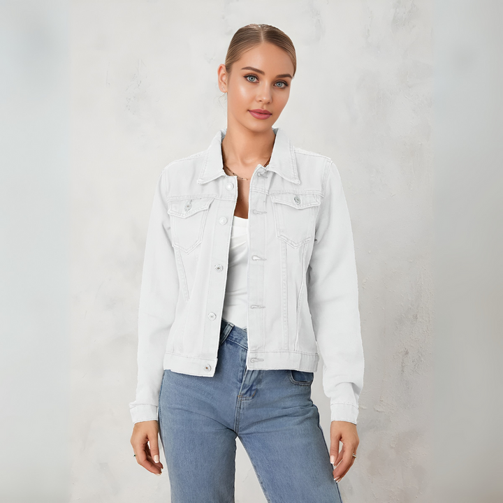 Studio shot of a women's classic button down jacket, emphasizing its clean lines and timeless design, versatile.