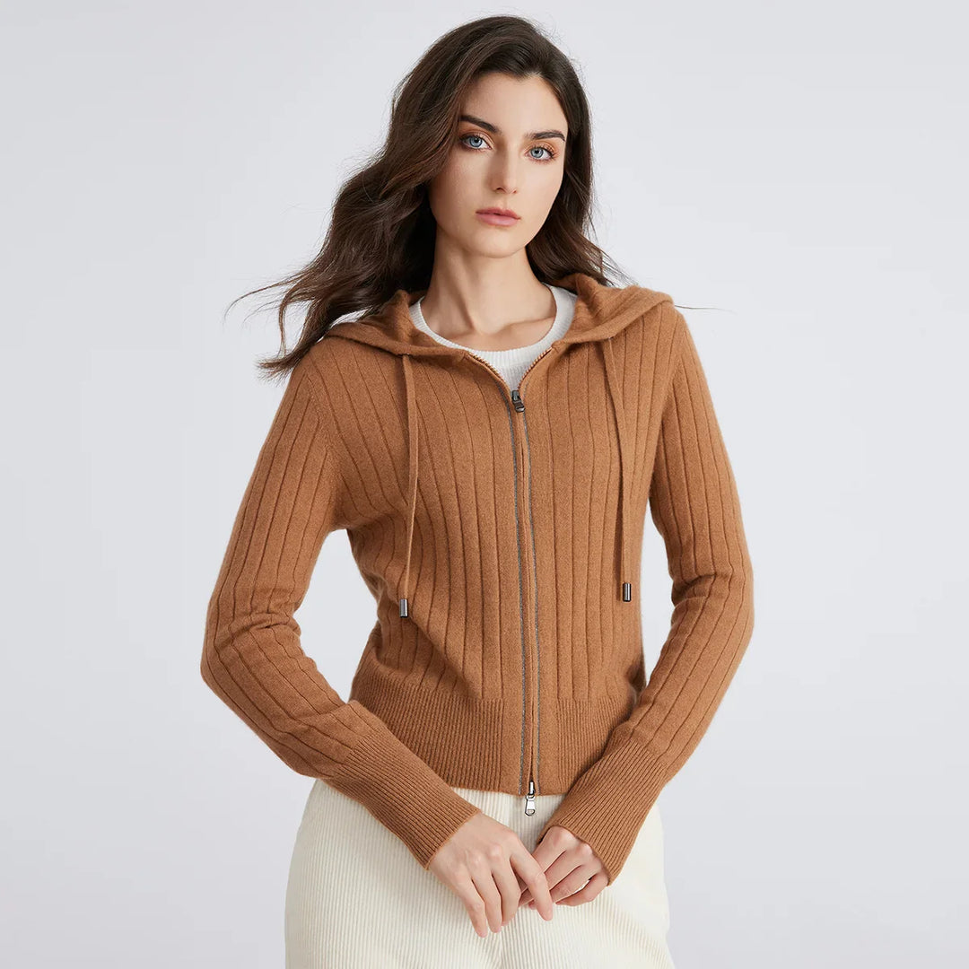 Ribbed knit full-zip hooded cardigan for women in a neutral tone, showcasing its comfort and versatility.