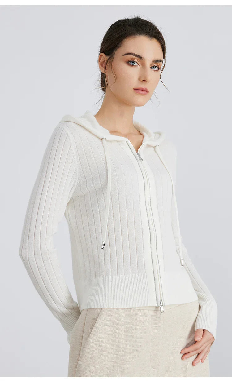 Women's hooded knit cardigan with a full-zip closure, styled casually for everyday wear.