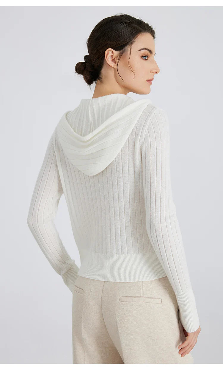 Detailed shot of the hood and collar on a women's ribbed full-zip knit cardigan.
