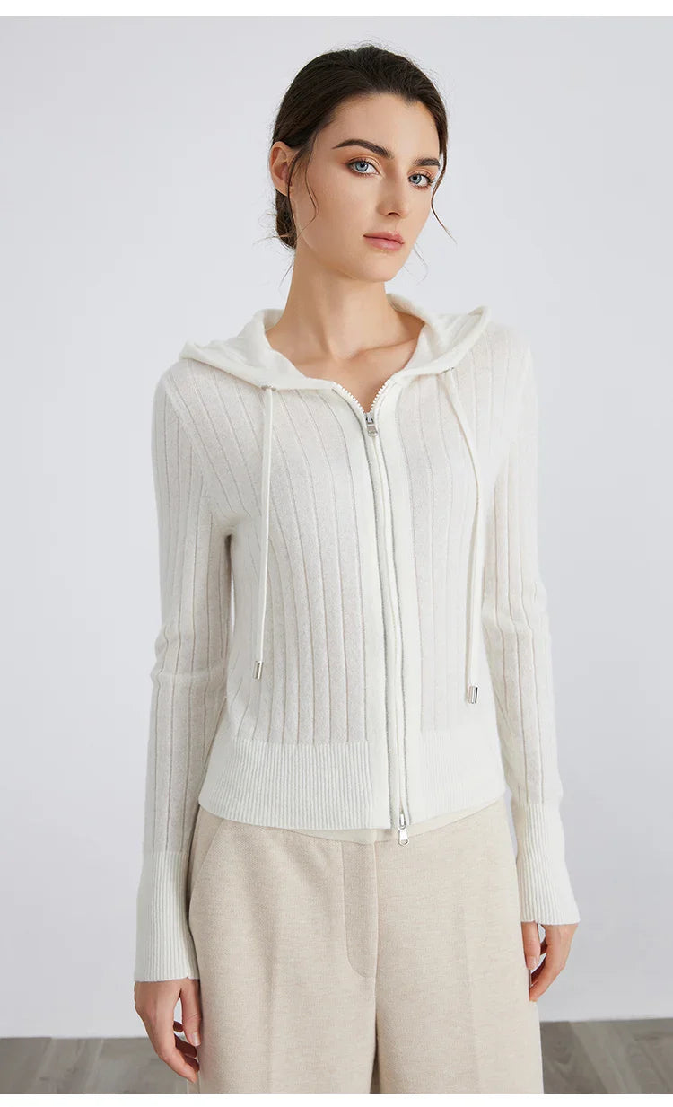 Versatile women's full-zip hooded ribbed knit cardigan, a comfortable and stylish casual wear option.
