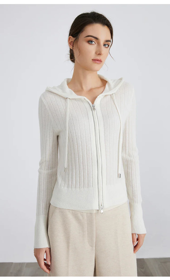 Versatile women's full-zip hooded ribbed knit cardigan, a comfortable and stylish casual wear option.
