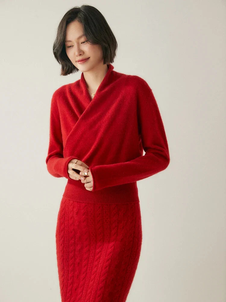 Back view of a woman in a red cashmere crossover sweater, stylish