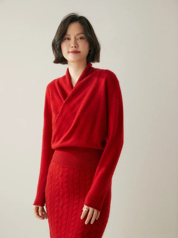 Red cashmere crossover sweater for women, soft and luxurious knitwear