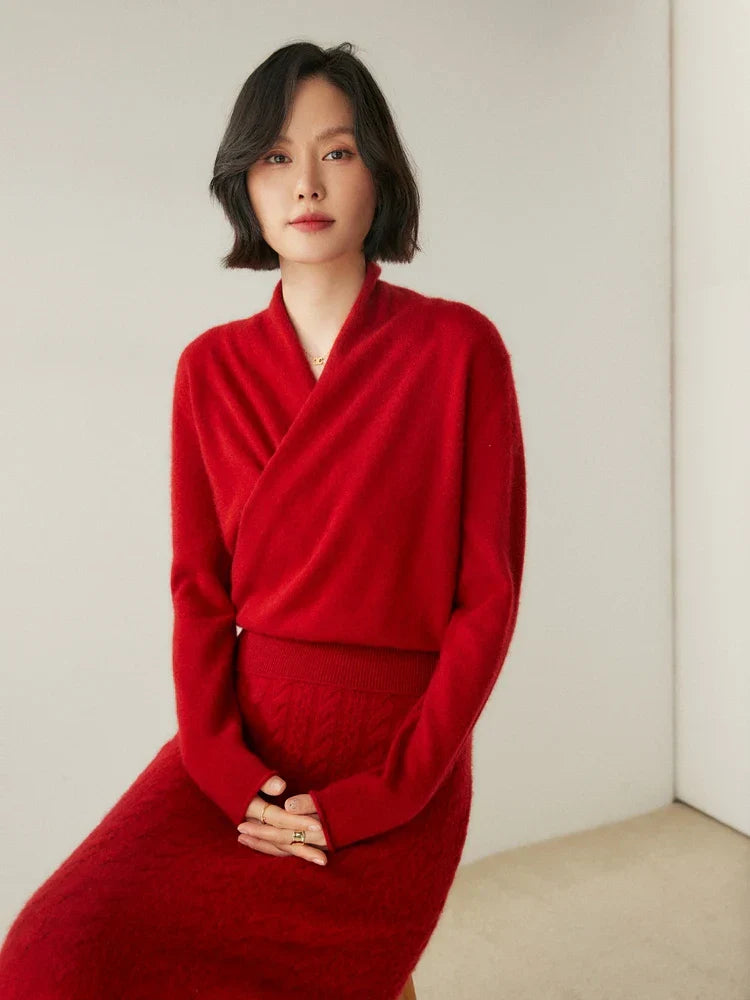 Full shot of a luxurious red women's cashmere crossover sweater
