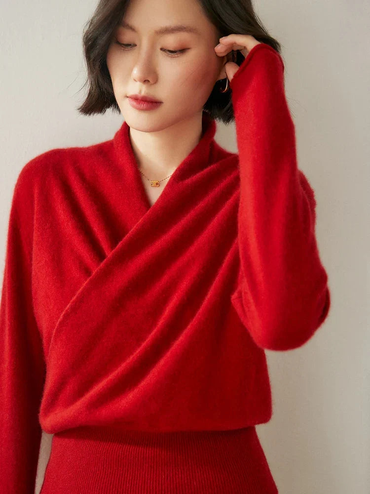 Close-up of a luxurious ivory cashmere crossover sweater, classic style