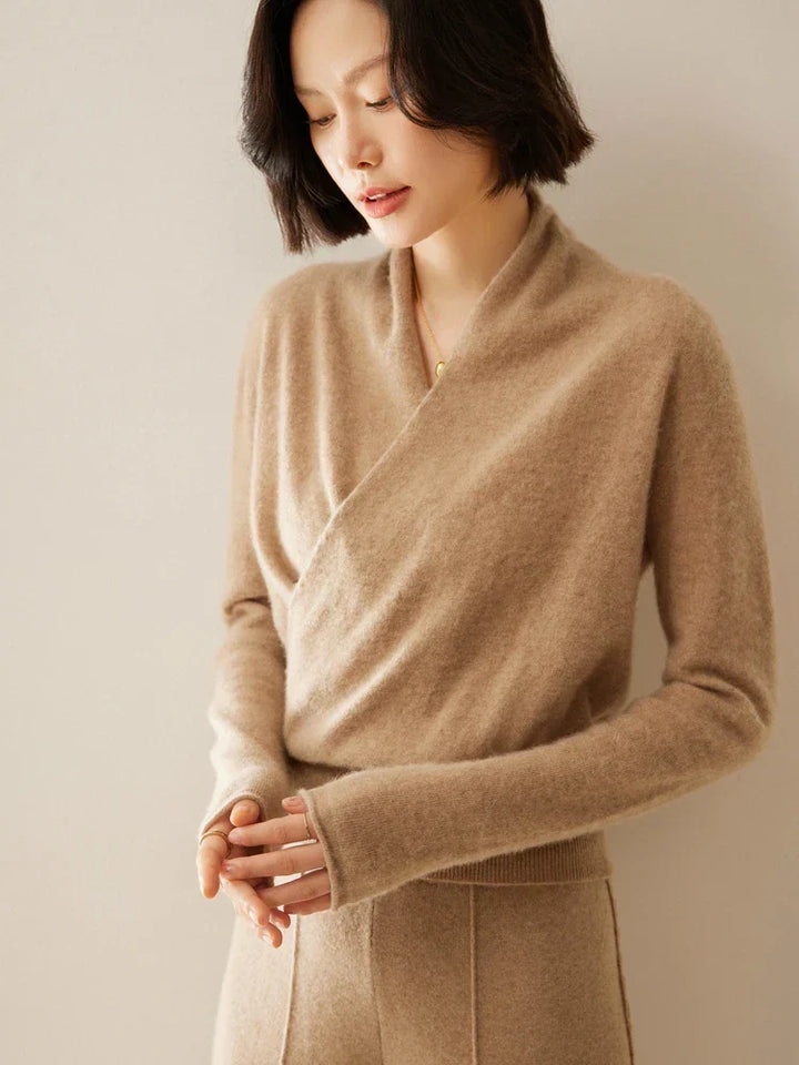 Luxurious ivory cashmere women's sweater, timeless crossover design