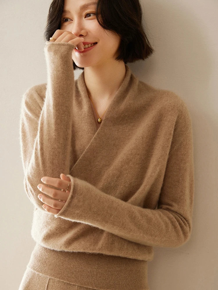 Ivory cashmere crossover sweater for women, comfortable and luxurious