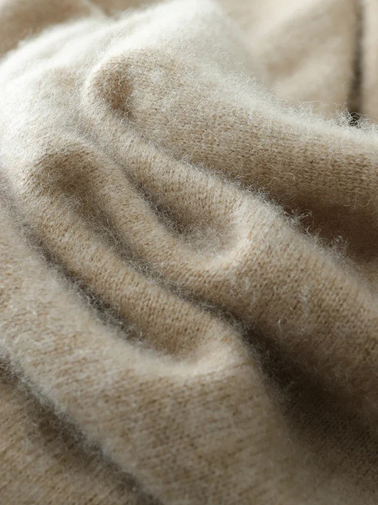 Full shot of a luxurious camel women's cashmere crossover sweater