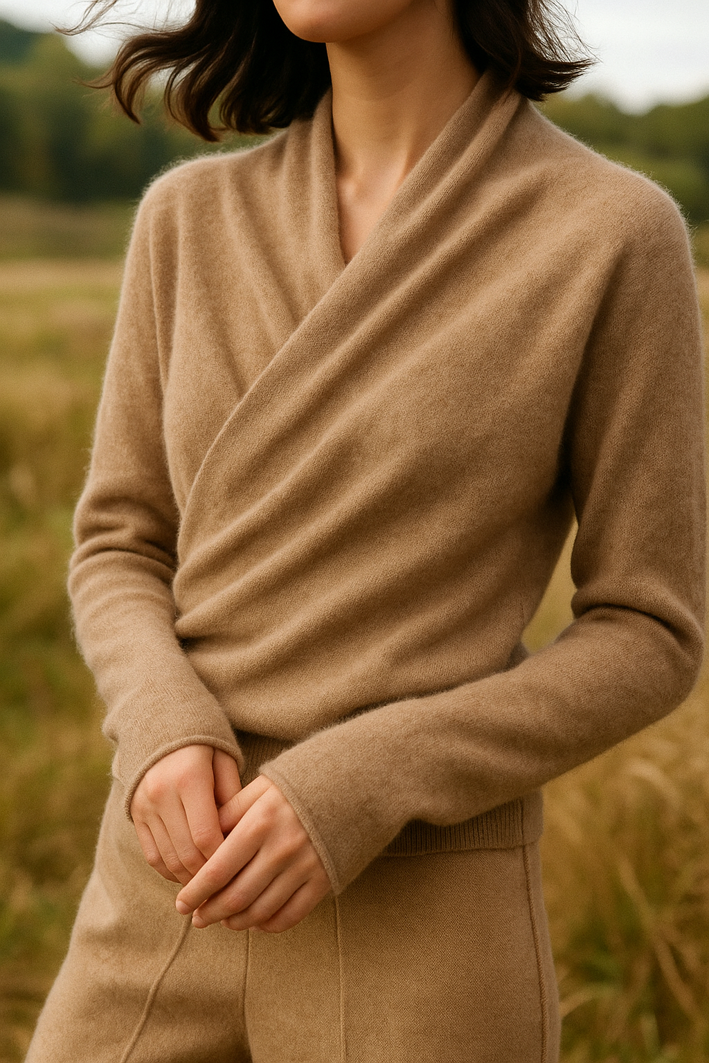 Luxurious cashmere crossover sweater, representing comfort and style