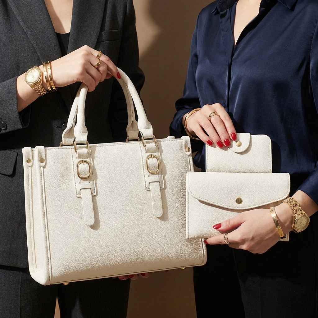 Black women's handbag set, convertible tote & shoulder bag with matching wallet, fashion accessory.