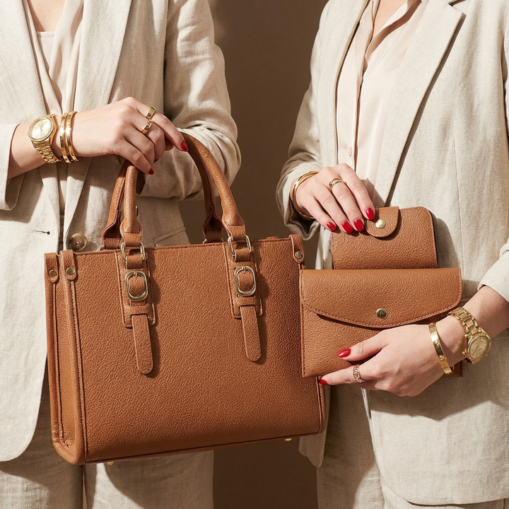 Navy women's handbag set, includes a tote, shoulder bag, and wallet, perfect for daily use.