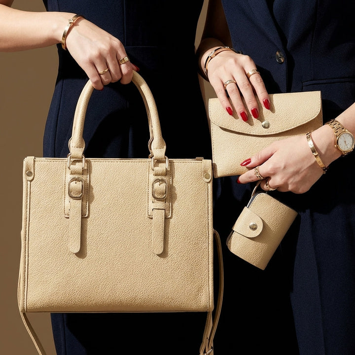 Beige 3-piece handbag set for women, convertible style, elegant and practical fashion accessory.