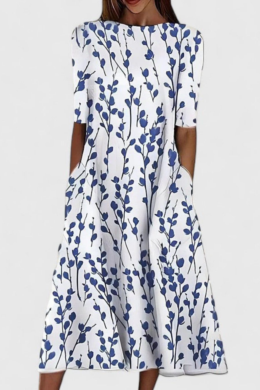 Front view: Women's elegant A-line short-sleeve midi dress, highlighting its flattering silhouette & summer style.