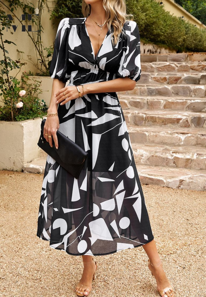 Women's day dress: abstract print belted midi, great for various occasions.