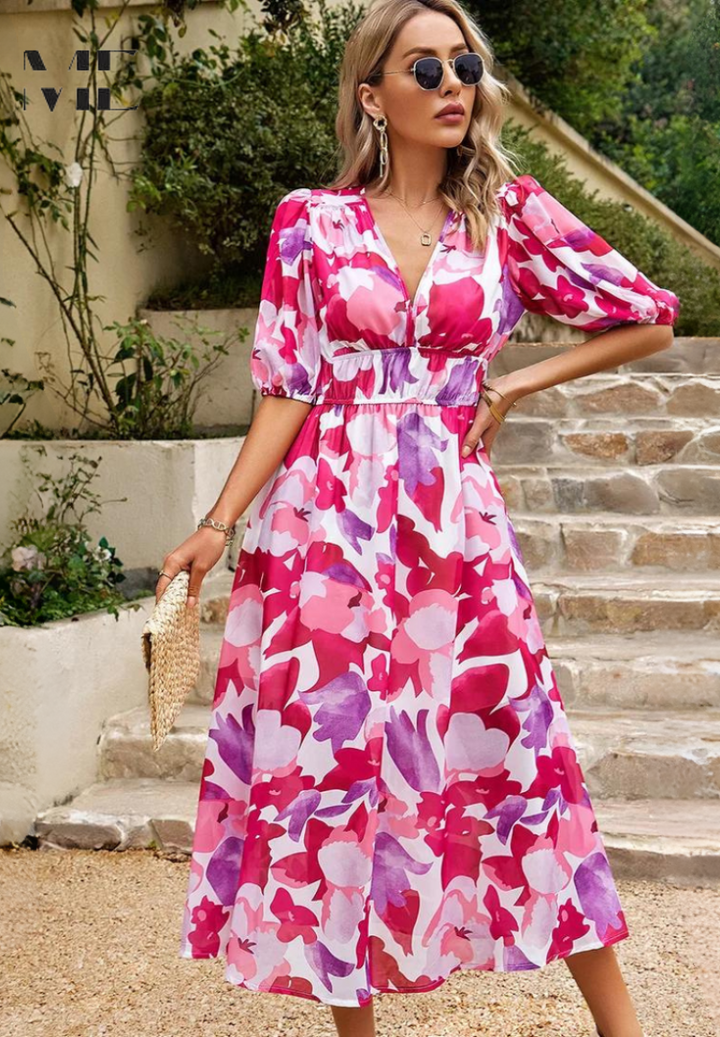 Women's versatile abstract print midi dress, complete with an adjustable belt.