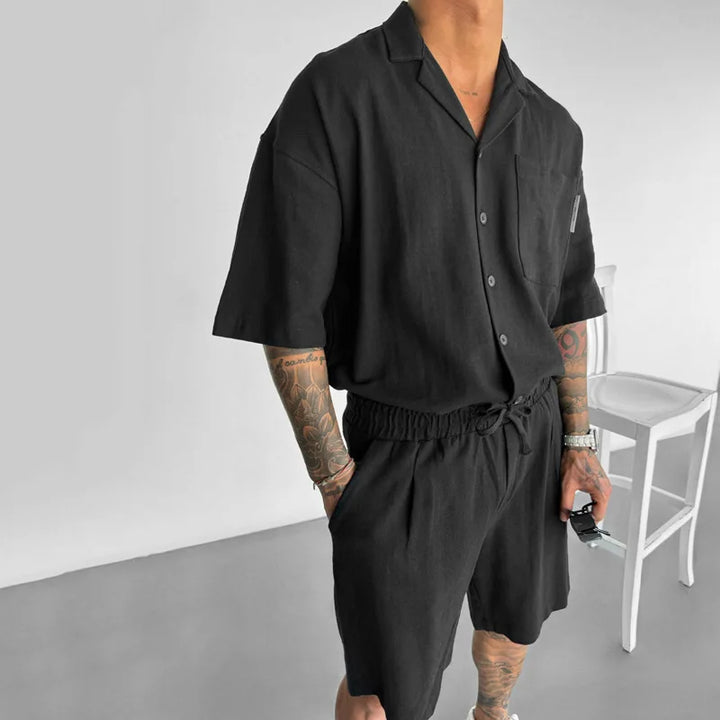 Emerald women's linen blend two-piece leisure set, chic resort wear for a casual yet stylish look