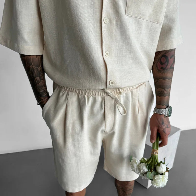Full-body shot of a model wearing a women's linen blend two-piece leisure set, ideal for summer outfits