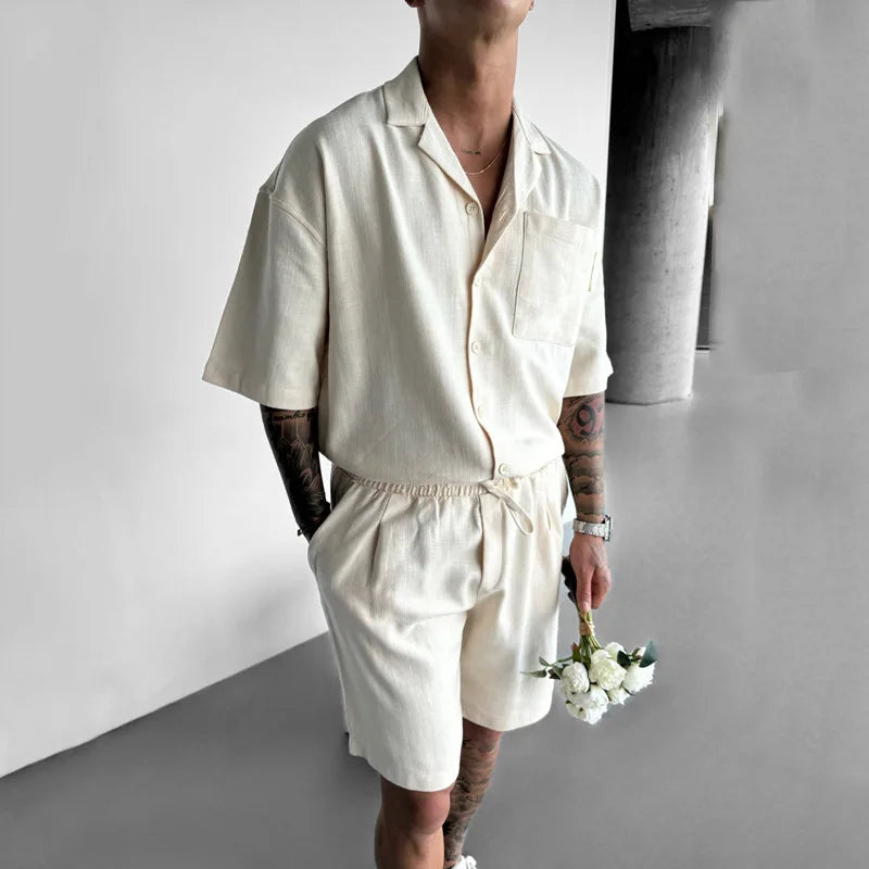 Detail of the comfortable fit and casual chic style of the women's linen blend two-piece set
