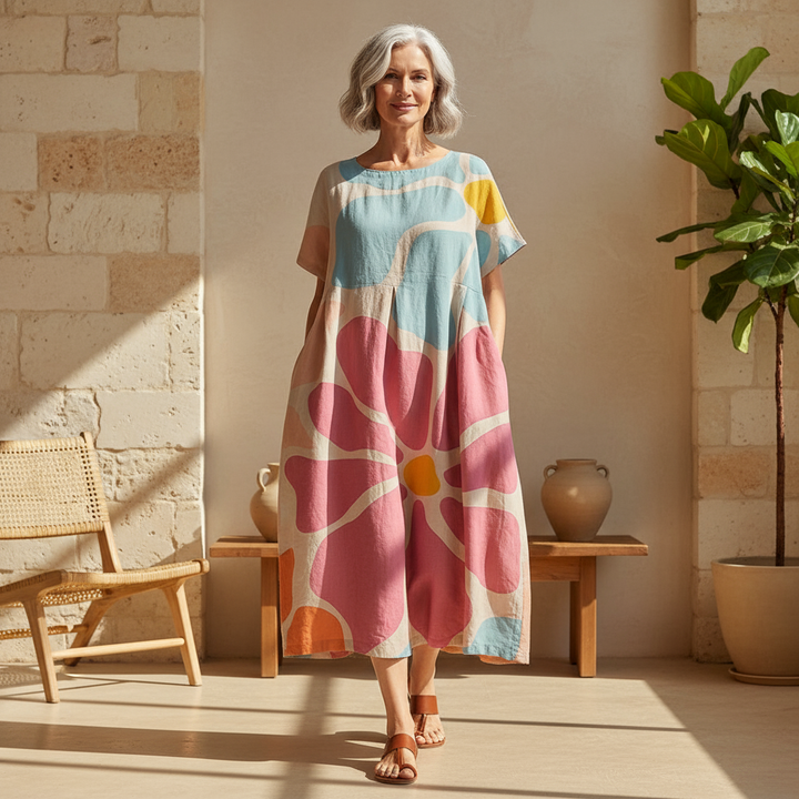 Women's artistic print midi dress with a relaxed fit, short sleeves, round neck, and practical pockets, perfect for summer.