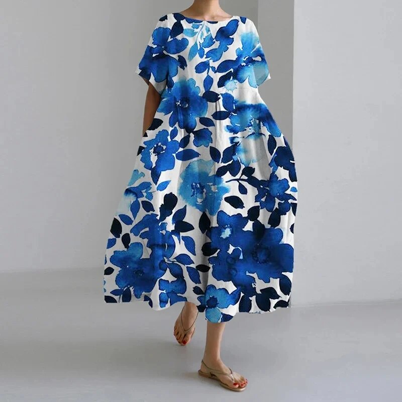 Women's artistic print midi dress, relaxed for casual wear, a perfect vacation outfit, and stylish everyday choice.