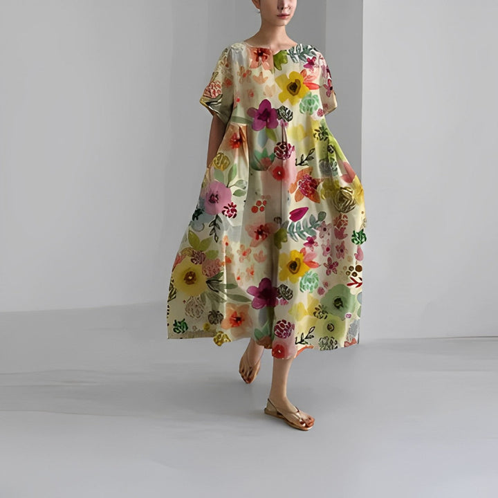 Everyday comfortable women's midi dress with an artistic print, relaxed fit, and flowy silhouette for style.