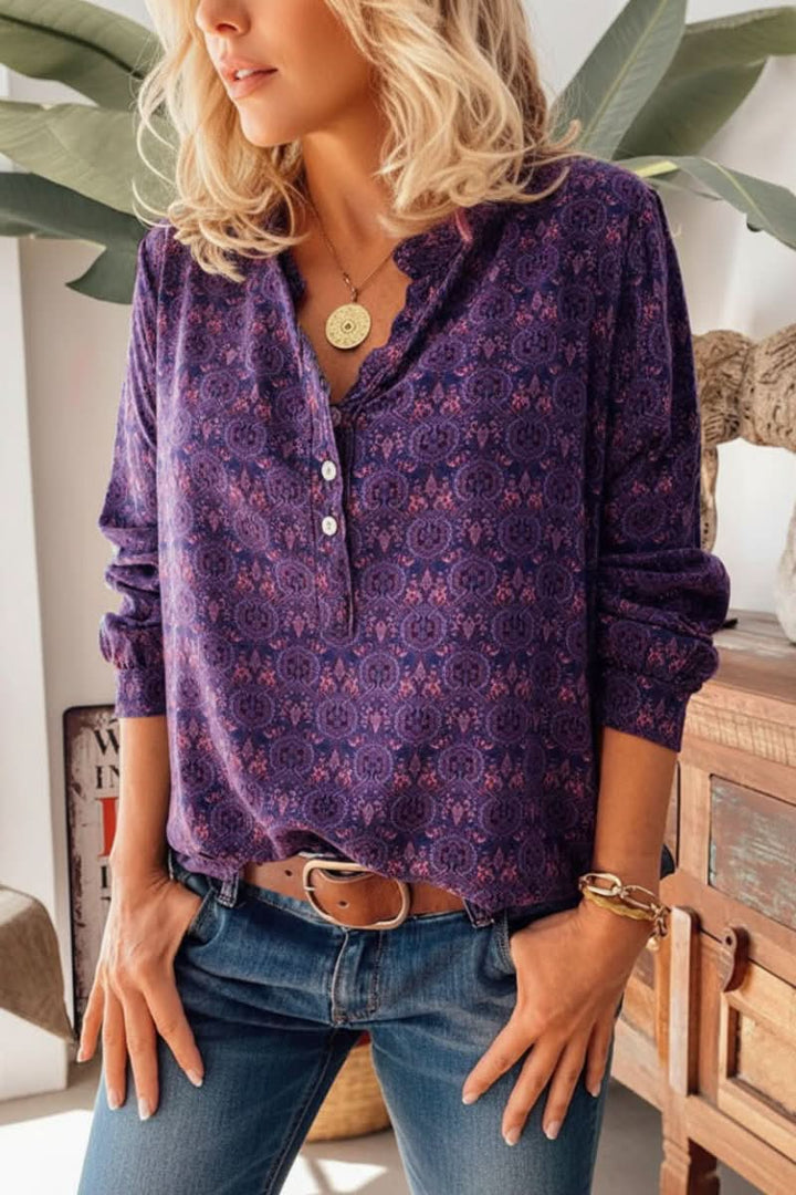 Chic long sleeve women's blouse, showcasing a beautiful artistic vintage print; great for smart casual outfits.
