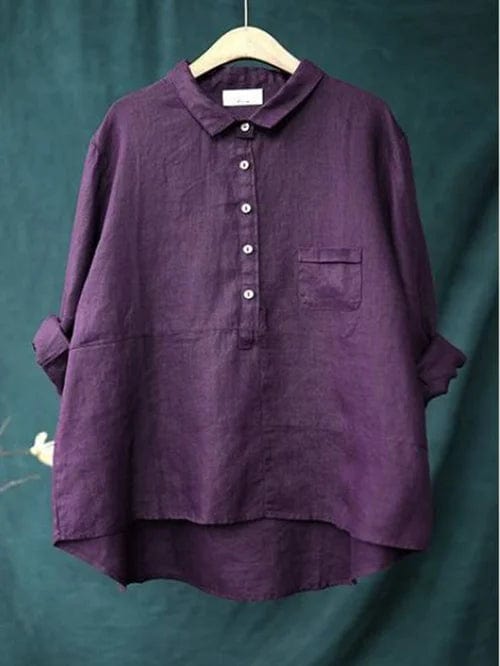 Fashionable women's blouse, a versatile button-up top with a unique asymmetrical hem. Comfortable for casual wear.