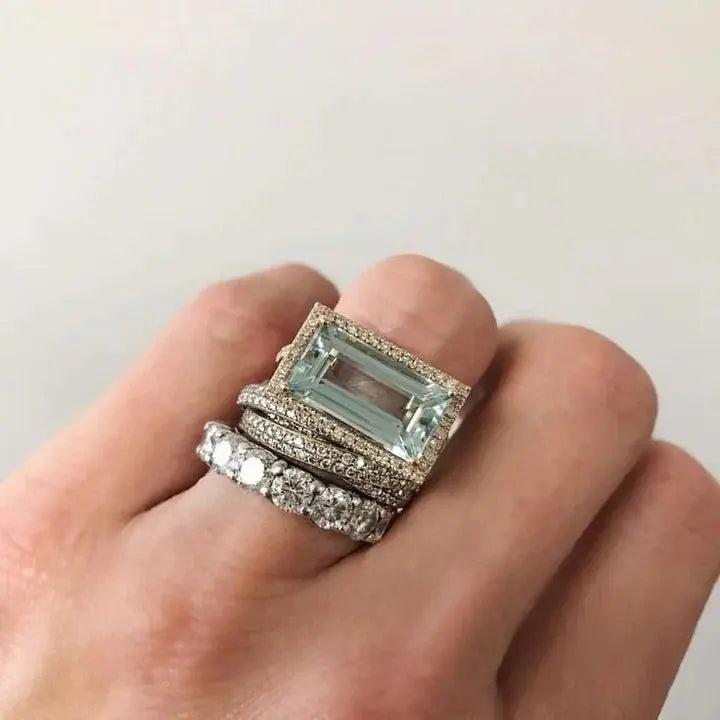 Women's Azure stackable ring set with turquoise & crystal accents on a silver band. Stylish layered rings for her.