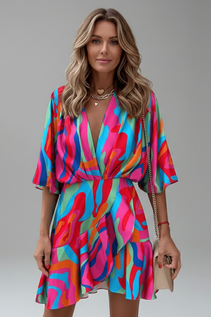 Stylish V-neck mini dress for women, featuring chic batwing sleeves and a flattering tie waist.