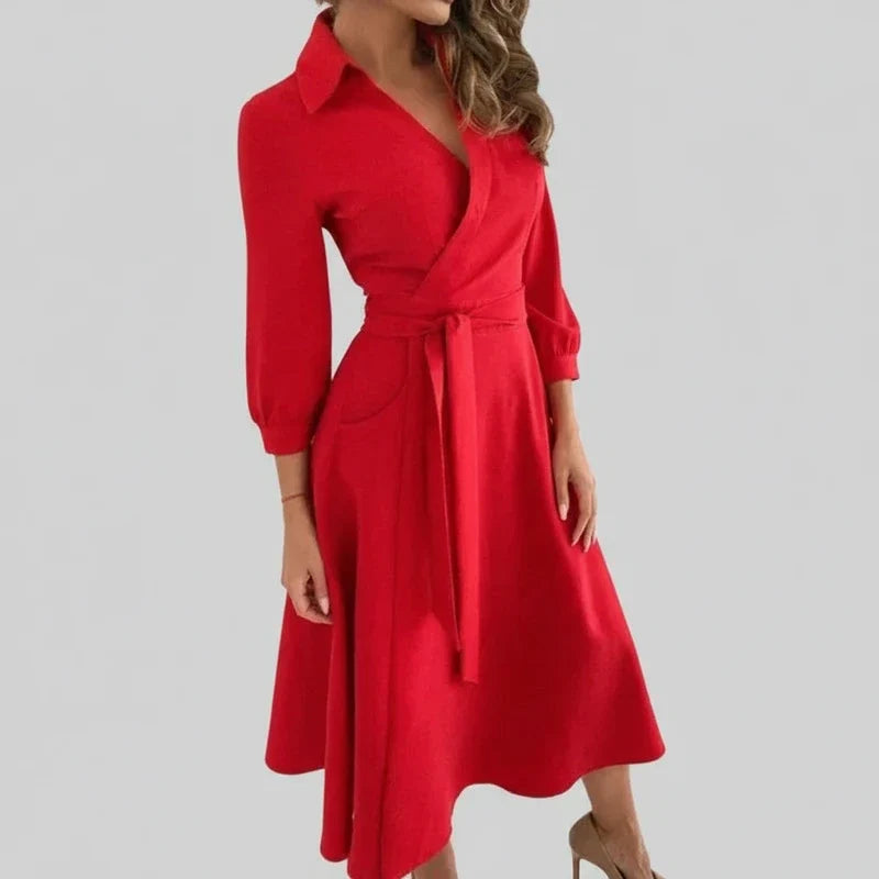 Women's belted A-line midi dress with V-neck, perfect for a flattering fit. Versatile casual or elegant style.