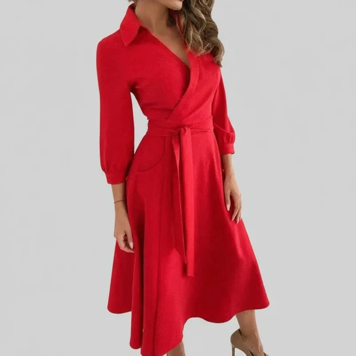 Women's belted A-line midi dress with V-neck, perfect for a flattering fit. Versatile casual or elegant style.