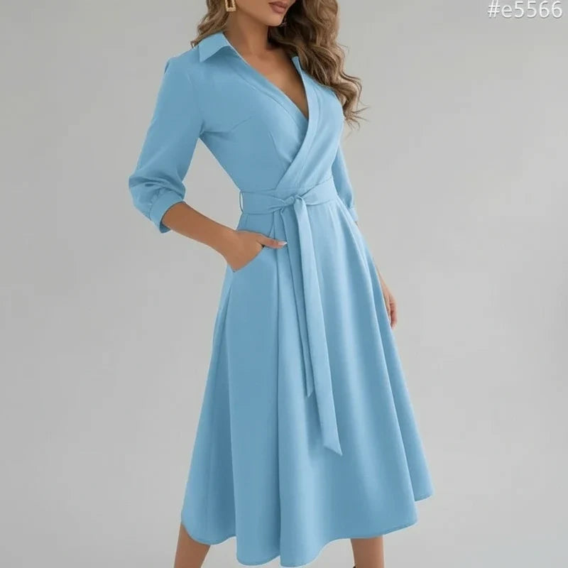 Elegant women's A-line midi dress, belted for a flattering fit. Ideal for work, day, or summer casual wear.