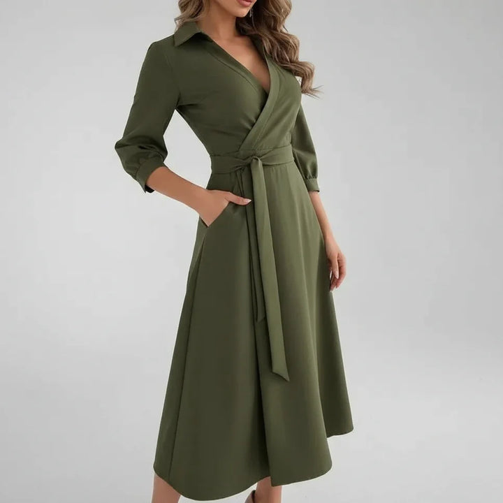 Summer women's belted A-line midi dress. Casual yet elegant V-neck, flattering for day or versatile wear.