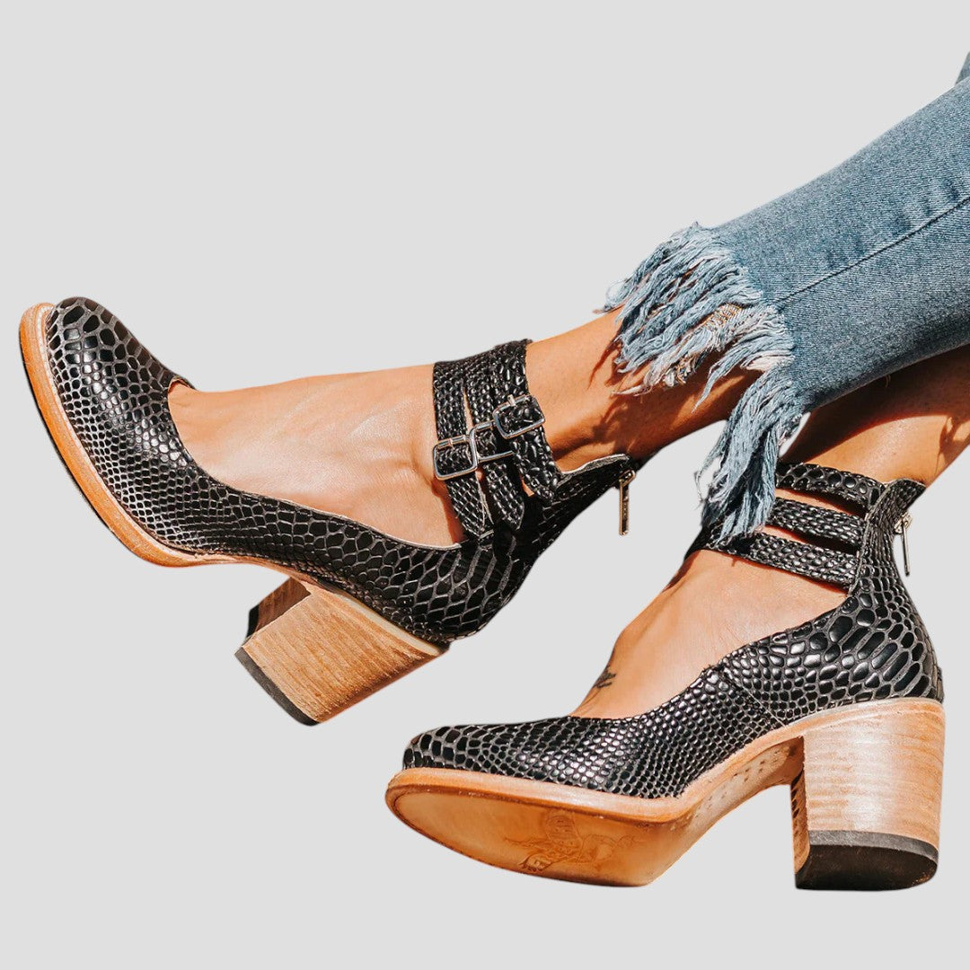 Women's block heels, closed toe, buckle strap. Comfortable and elegant for office or special events.