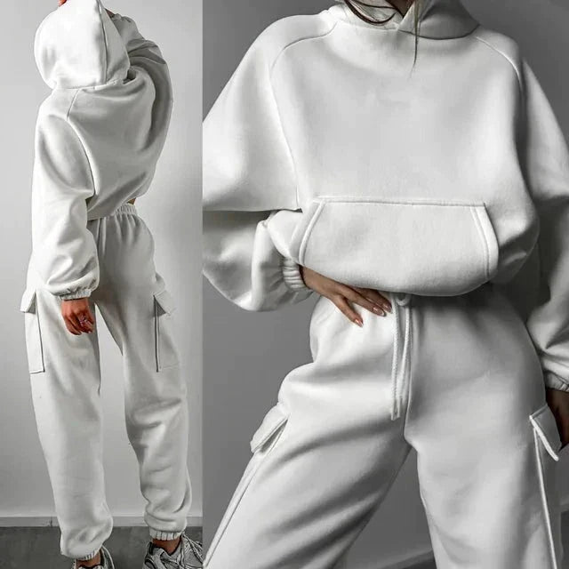 Full shot of a women's comfortable cargo pocket hoodie and jogger set, versatile apparel