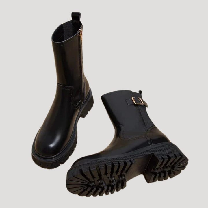 Side view of women's spring chunky mid-calf boots in black, ideal for casual wear