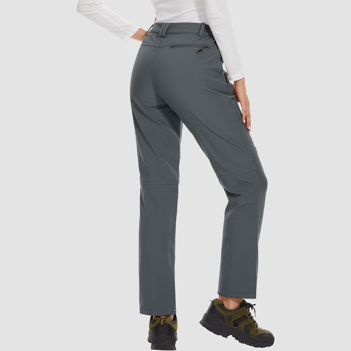 Close-up of the breathable yet warm fabric of women's fleece-lined softshell ski pants