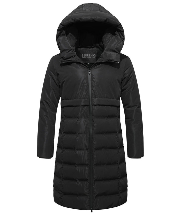 Women's black insulated parka jacket with hood, ideal for cold weather outerwear.
