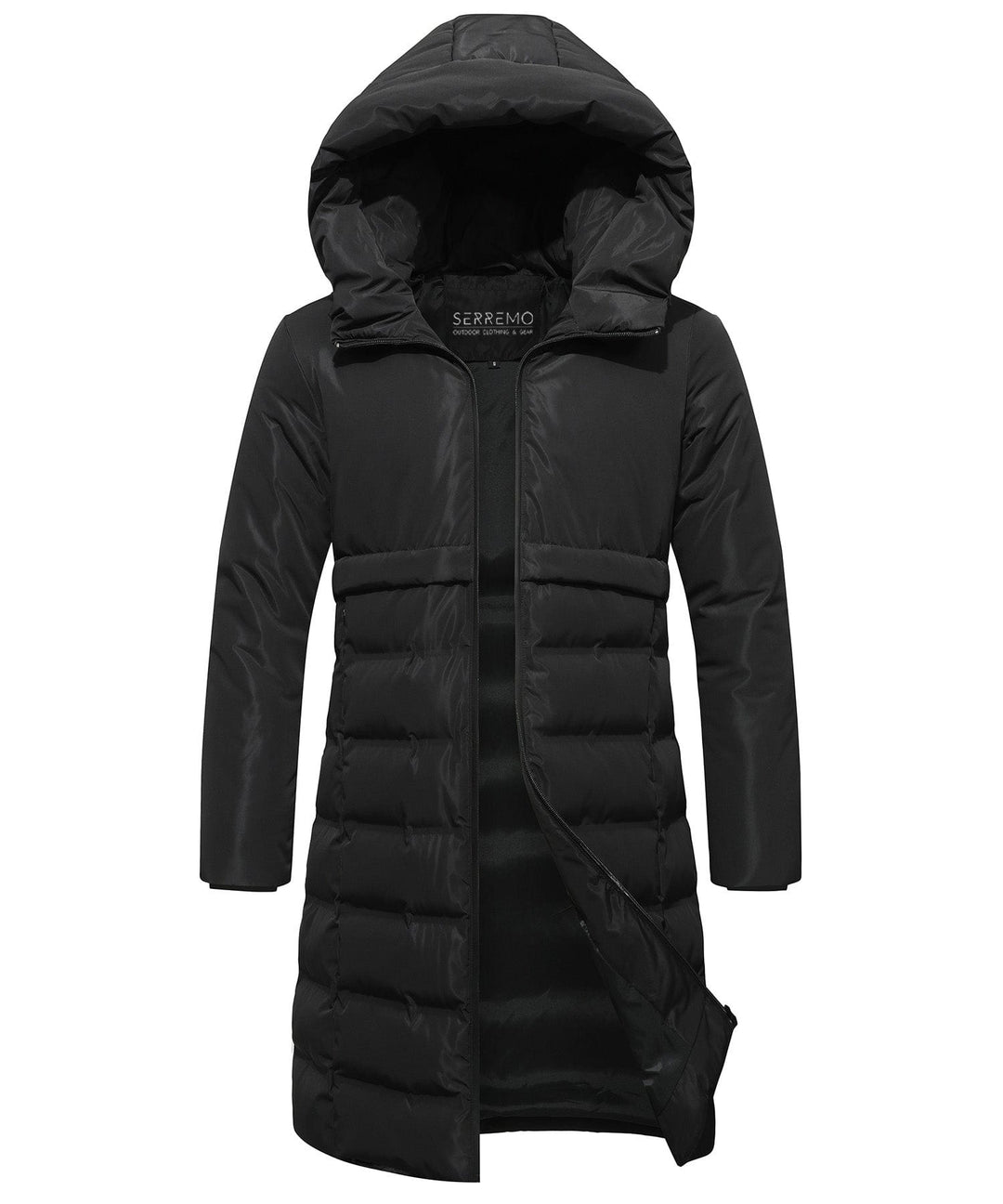 Front view of a women's long black insulated parka, perfect for winter and casual wear.
