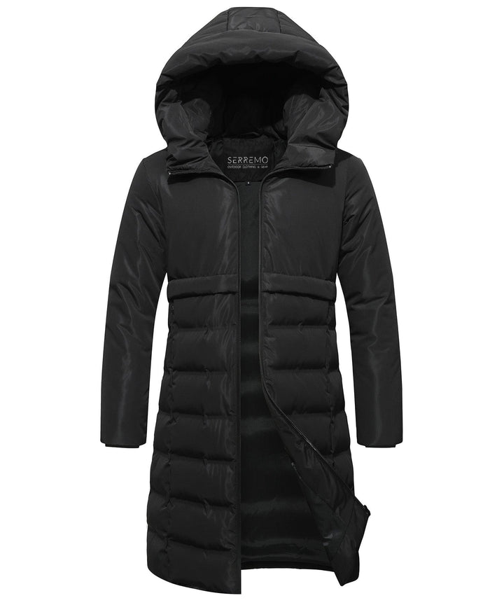 Front view of a women's long black insulated parka, perfect for winter and casual wear.