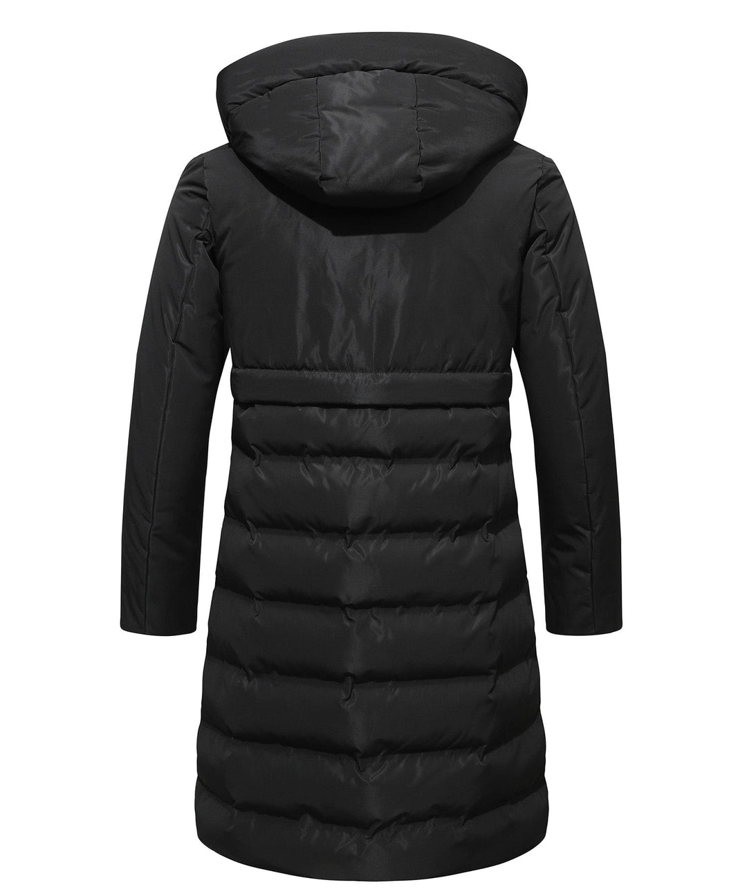 Side profile of a women's hooded insulated parka jacket in black, a stylish winter coat.