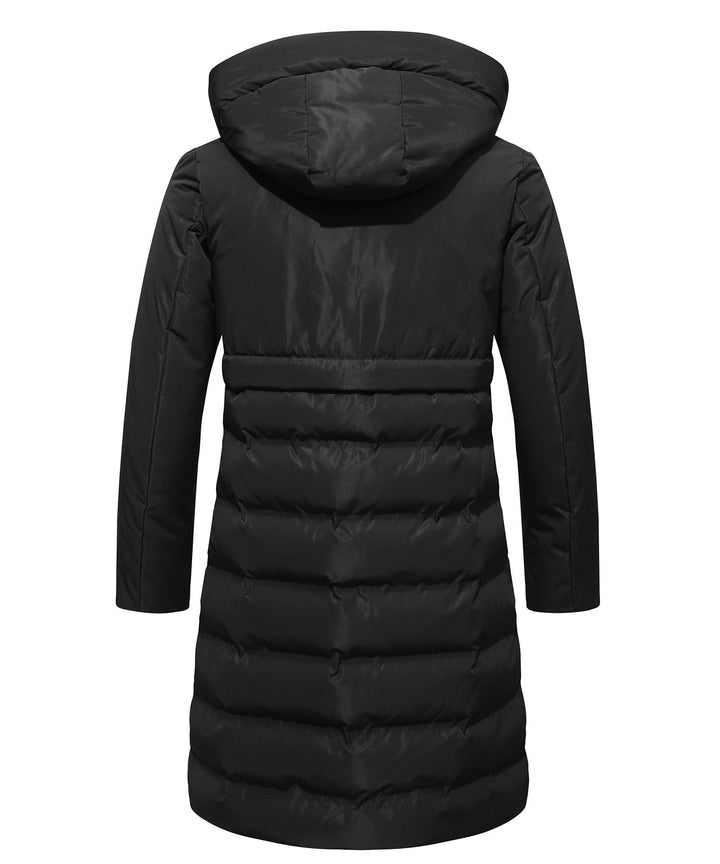 Side profile of a women's hooded insulated parka jacket in black, a stylish winter coat.