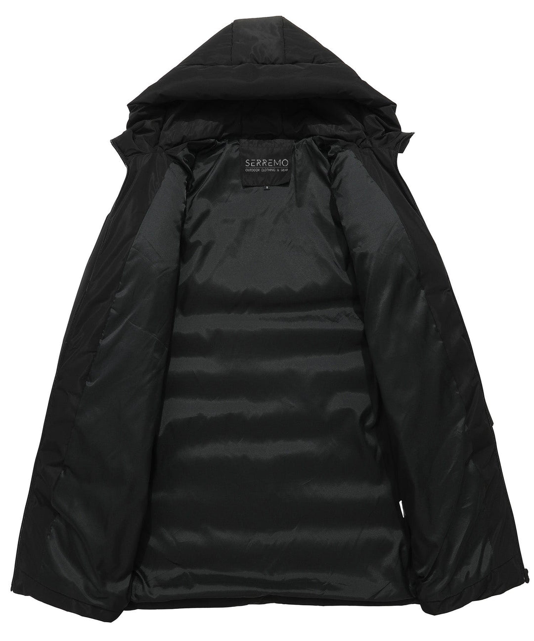 Close-up of the durable fabric and insulation on a women's black parka style winter jacket.